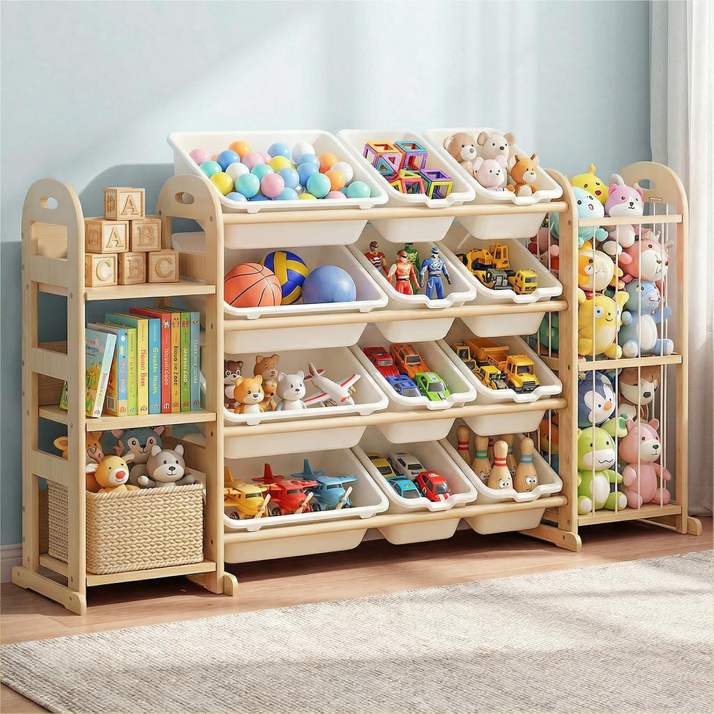 Kids Toy Storage Organizer with 3 Shelves and 12 Storage Bins, White