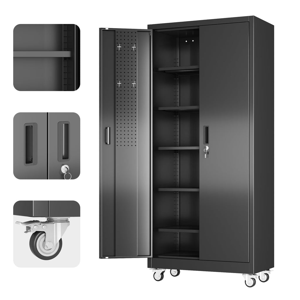 Metal Storage Cabinet with Lock, 72In Steel Storage Cabinet for Garage Home Storage, Black (Assembly Required)