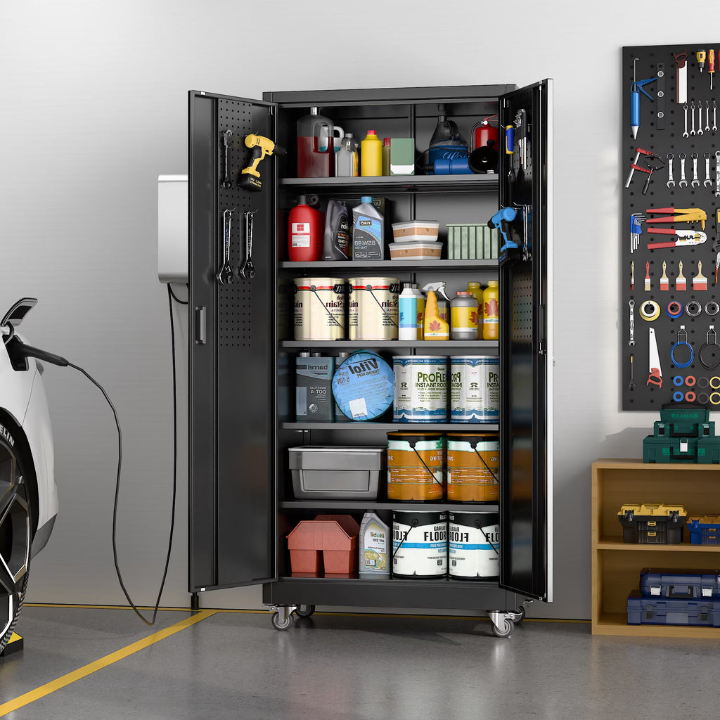 Metal Storage Cabinet with Lock, 72In Steel Storage Cabinet for Garage Home Storage, Black (Assembly Required)