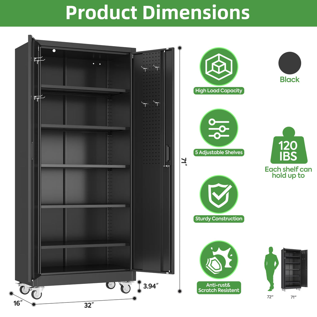 Metal Storage Cabinet with Lock, 72In Steel Storage Cabinet for Garage Home Storage, Black (Assembly Required)