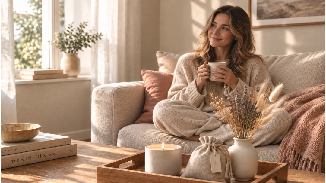 Cozy woman on sofa with tea